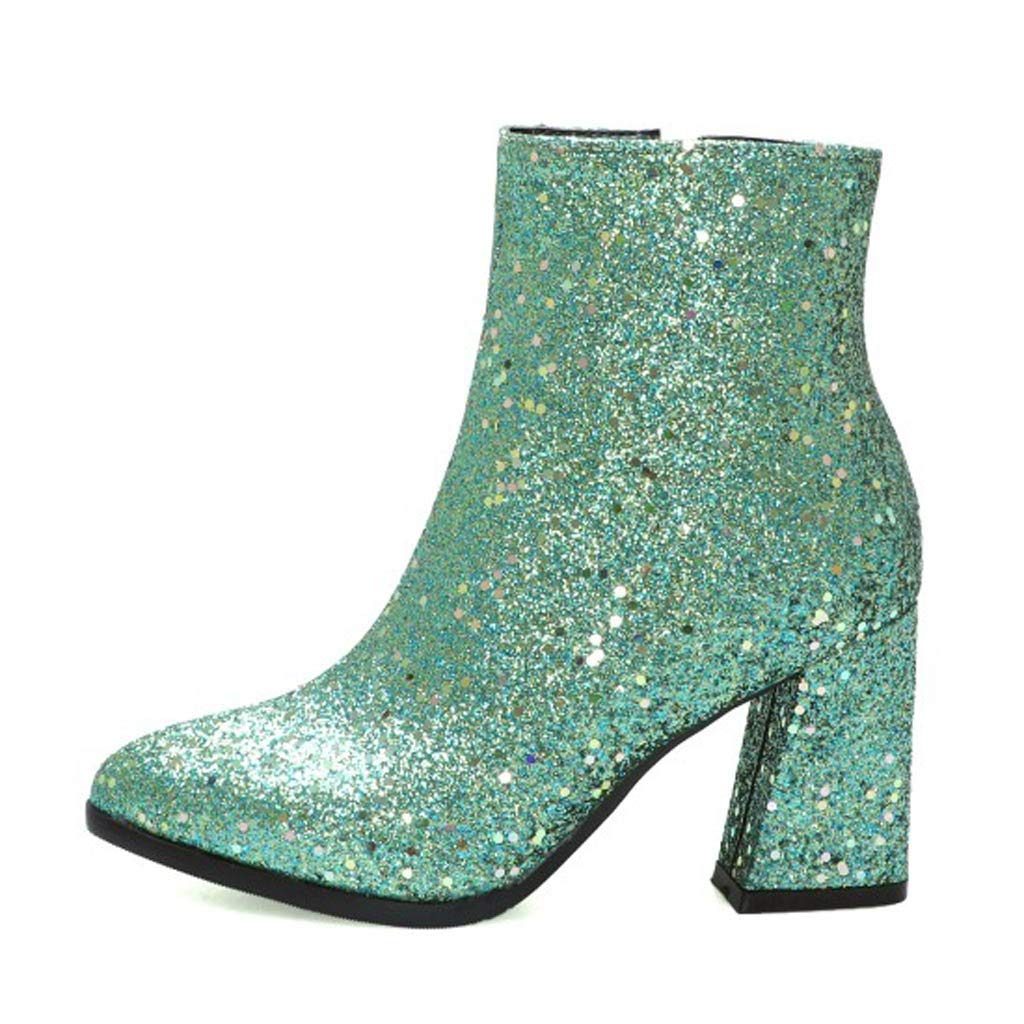 black patent glitter chunky ankle boots