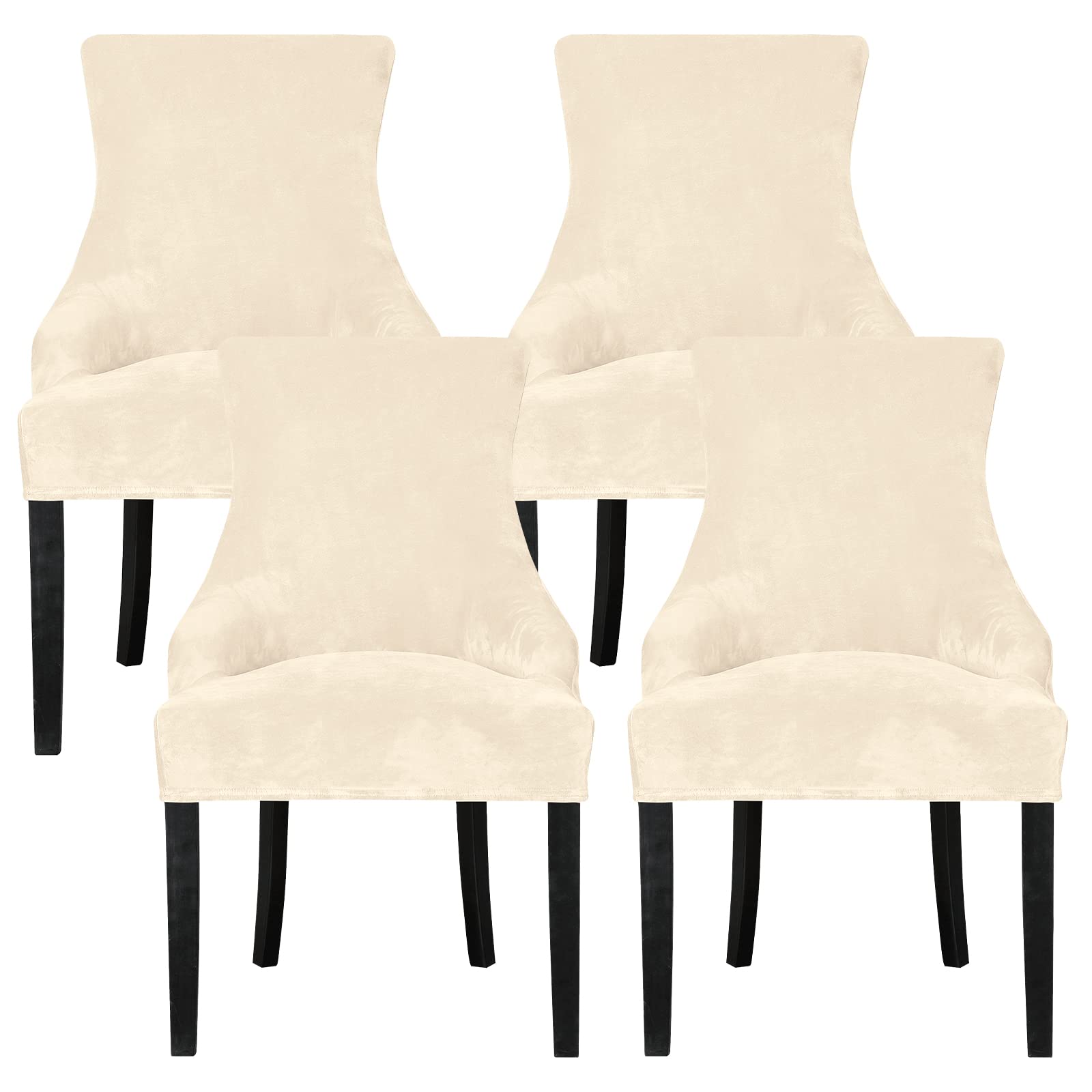 Leorate Dining Chair Covers Stretch Velvet Wingback Armchair Slipcovers Recliner Chair Protector for Kitchen Home Decor (Cream, Pack of 4)