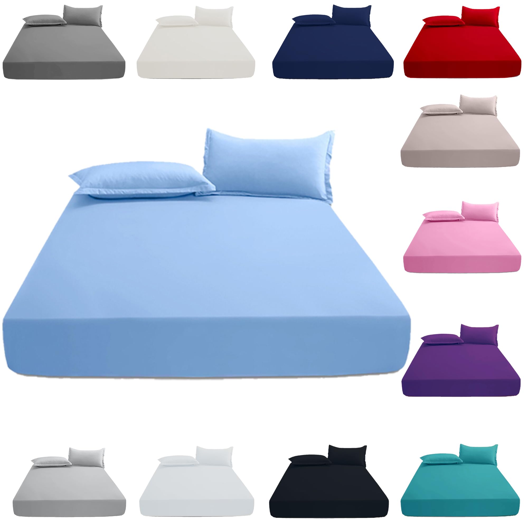 KHIM 100% Cotton 25CM/10inch Deep Fitted Sheet Single, Double, King & Super King Bed Sheets (Sky Blue - King)