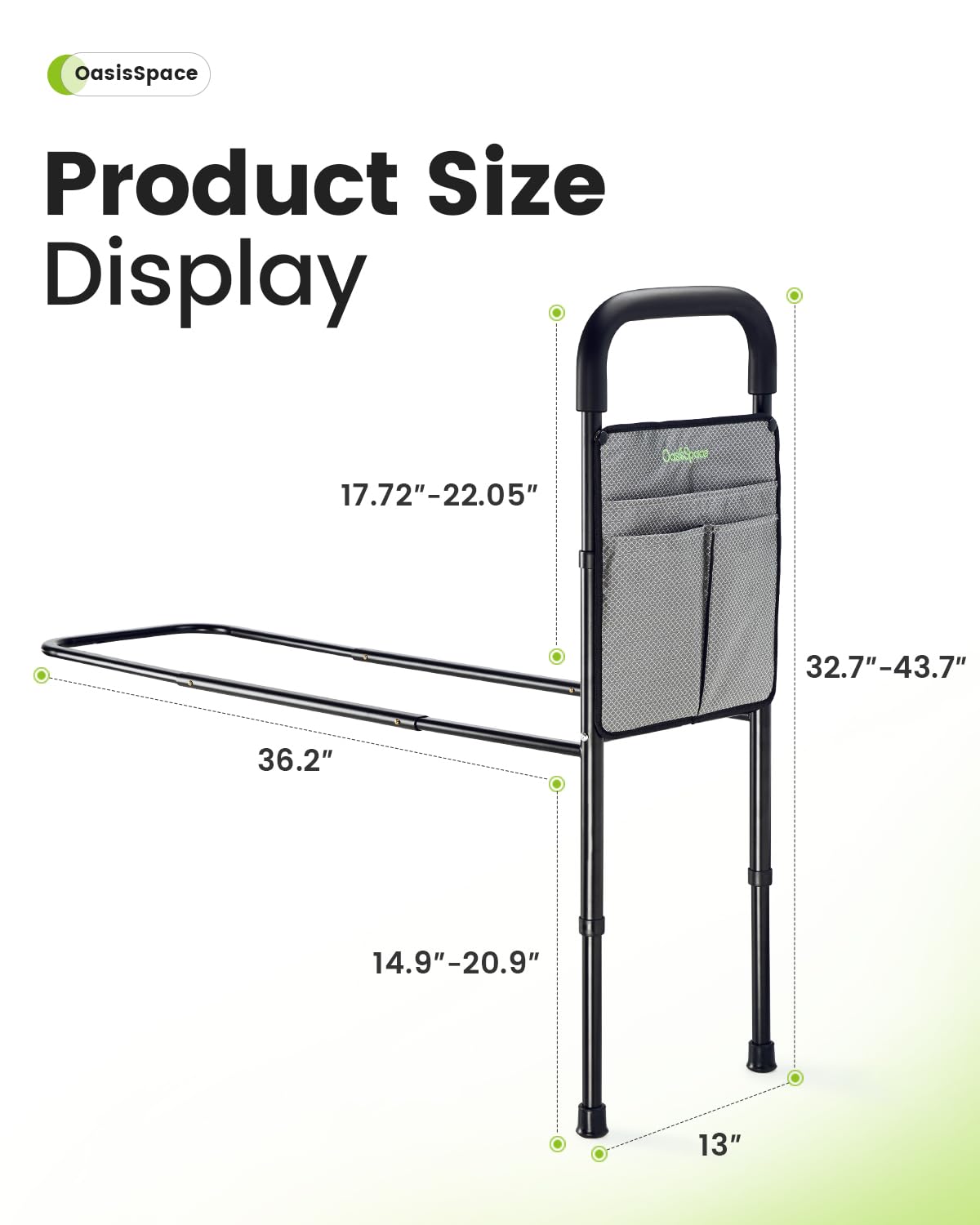 OasisSpace Bed Assist Rail - Bed Assist bar with Storage Pocket - Adjustable Bed Rails for Seniors, Elderly, Handicap - Assistance for Getting in & Out of Bed At Home - Fit Queen, King, Full, Twin
