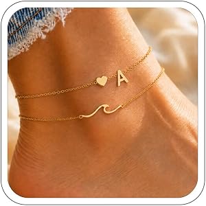 JINYRSOC Initial Anklet Bracelets for Women, Waterproof Gold Plated Layered Ankles with Heart & Wave Charm, Non Tarnish Hypoa