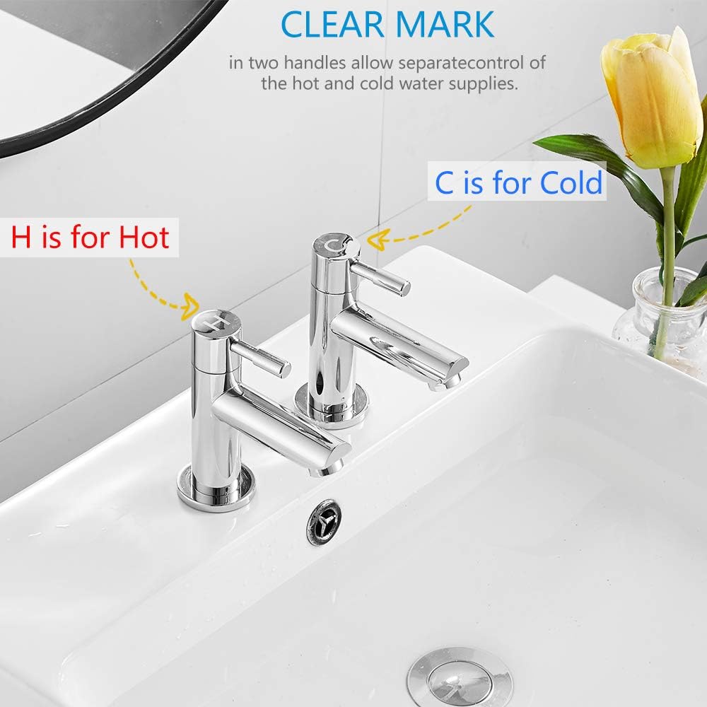 Maynosi Bathroom Basin Pillar Taps, Pair Basin Sink Mixer Taps, 1/4 Turn Washroom Pair Faucets Twin Lever, 2 Pcs Modern Taps - Image 4