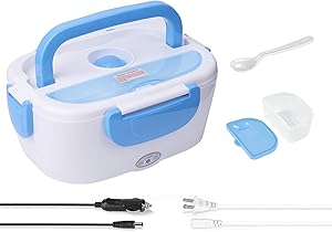 Electric Lunch Box -- Toursion Portable Food Heater 2 in 1 for Car/Truck and Work 110V & 12V 40W, Removable Stainless Steel Portable Food Warmer 1.5L, Spoon and 2 Compartments Included (Blue)