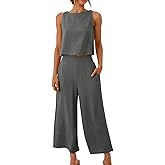 Linen Sets For Women 2 Piece Trendy Sleeveless Crop Top Wide Leg Pants Lounge Summer Outfits Beach Travel Set