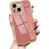 Lafunda for iPhone 14 Plus Case Cute, Luxury Gold Plated for Women Girls Elegant TPU Bumper Cover with Wrist Strap Kickstand Camera Protection Shockproof Silicone Phone Case for iPhone 14 Plus, Pink