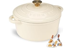Overmont Enameled Cast Iron Dutch Oven - 5.5QT Pot with Lid Cookbook & Cotton Potholders - Heavy-Duty Cookware for Braising, Stews, Roasting, Bread Baking white