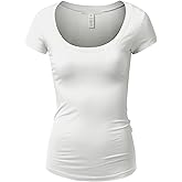 Active Basic Womens Plain Basic Deep Scoop Neck with Cap Short Sleeves, Medium, White