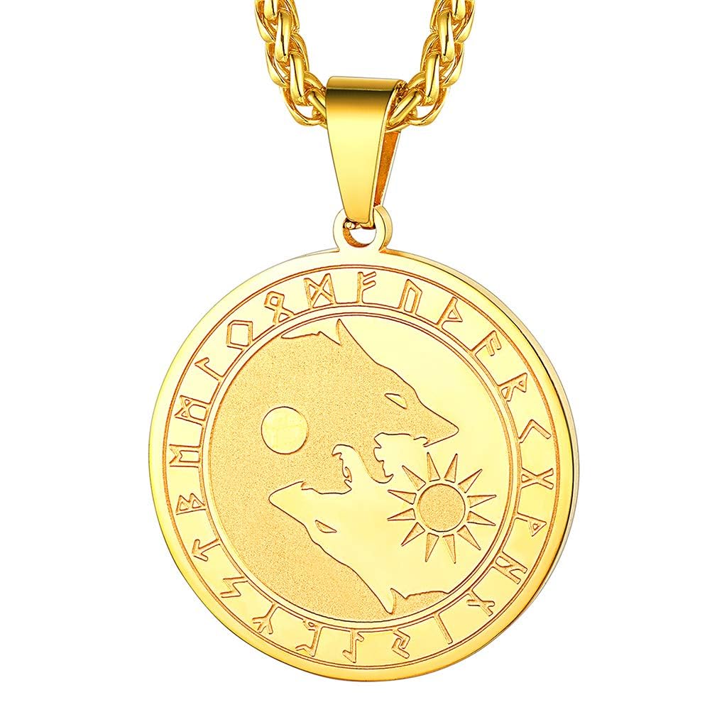 FaithHeart Viking Wolf Jewellery Nordic Runes Yin-Yang Wolves Pendant Talisman Necklace Gold Steel Norse Fenrir Jewelry Charm Wolf Gifts for Ladies Girls