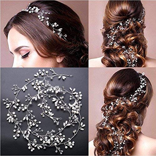 TOKERD 50cm Bridal Hair Vine - Silver Pearl Crystal Hairband - Women's & Girls' Luxury Classic Hair Clip - Wedding & Birthday Occasion - 1 Count (Pack of 1)