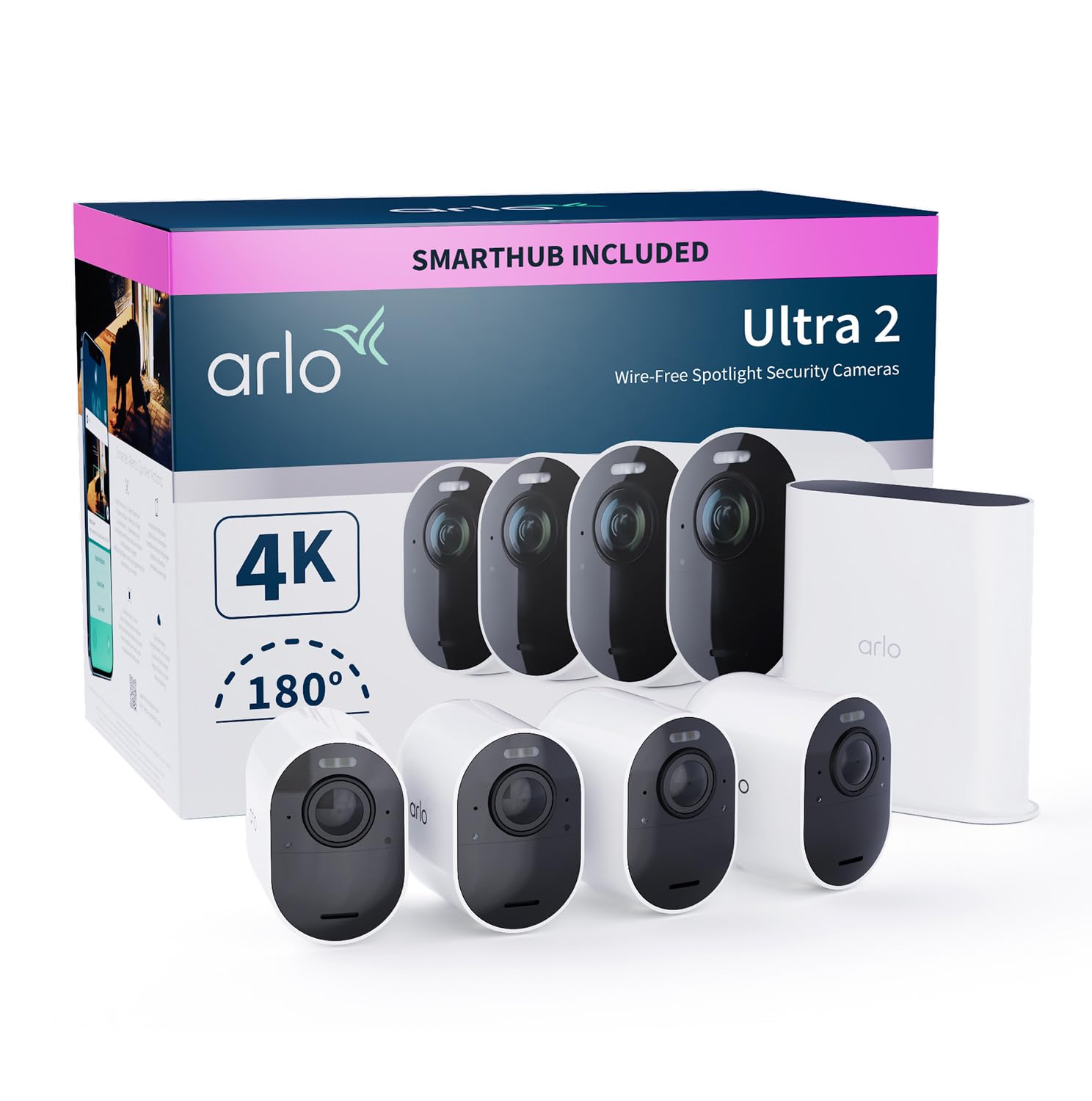 Arlo Ultra 2 Security Camera Outdoor, 4K UHD, Wireless CCTV, 6-Month Battery, Colour Night Vision, Weatherproof, Bright Spotlight, 2-Way Audio, 4 Cam Kit, Arlo Secure Trial Included, White