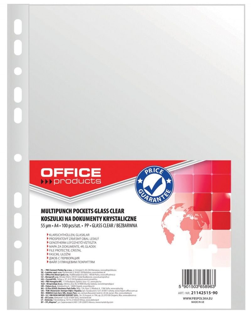 Koszulki na Dokumenty Office Products PP A4 Krystal 55mikr 100szt / Archiwizacja Dokumentów/Typ-Krystaliczne/Rodzaj-Standard/Materiał-Pp/Kolor-Transparentny/Grubość (mm)-55µm / Format-A4