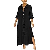 nqgsntc Women V Neck Rolled Up Sleeve Lining Dress Button Down Side Slit Shirt Maxi Dresses