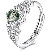 AINFQY Sterling Silver Rings for Women 925 Sterling Silver Emerald Leaf Ring Flower Ring Moss Agate Celtic Knot Adjustable Open Band Nature Inspired Jewelry Gift