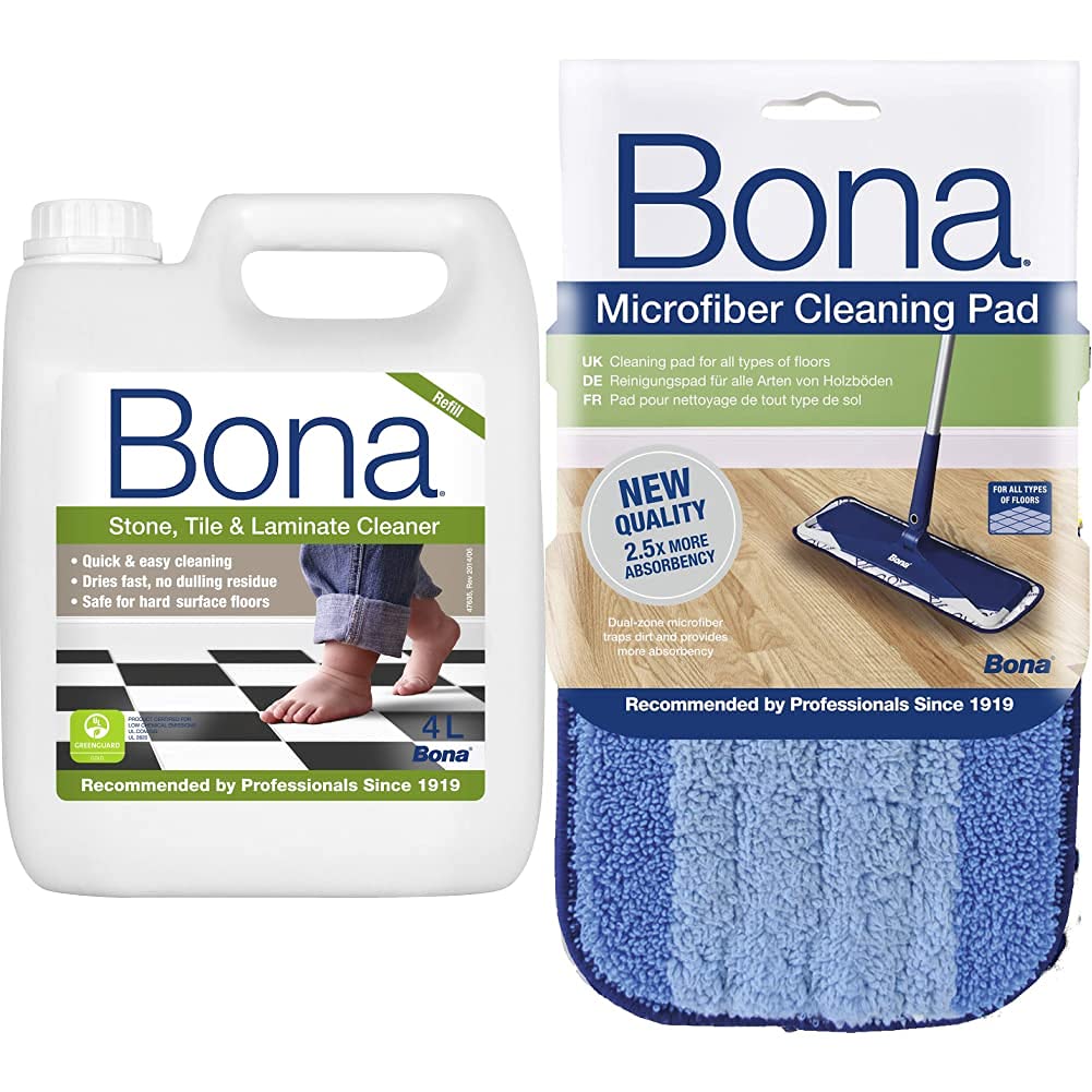 Bona Hard-Surface Floor Cleaner Liquid Refill - 4 Litre Refill Bottle & CA101020 Microfibre Cleaning Pad Replacement Mop, Blue, 1 Count (Pack of 1)