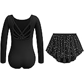 Zaclotre Gymnastics Leotards for Girls Long Sleeve Crisscross Back Ballet Dance Outfit with Removable Skirt Combo