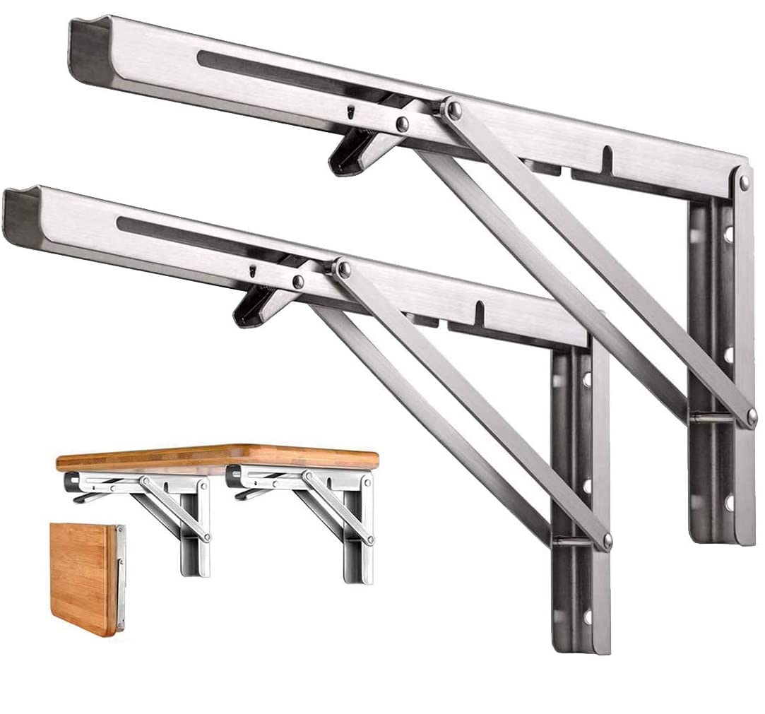 Folding Shelf Brackets, Heavy Duty Stainless Steel Collapsible DIY Wall Mounted Shelf Bracket, Max Load: 150 lb, for Table Work Bench Space Saving, Pack of 2 (8 Inch, Stainless Steel) — image 1