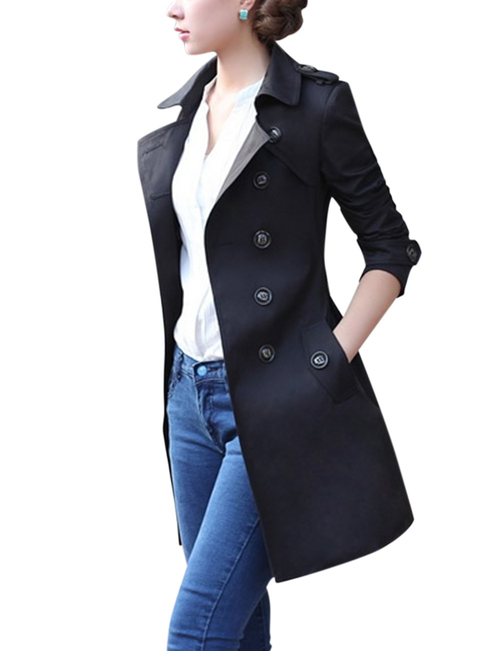 leoie women's windbreaker double-breasted belt slim jacket (khaki, 2xl)