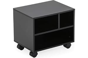 FITUEYES Mobile Printer Stand with Storage, Under Desk Black Wood Small Rolling Printer Table Work Cart with Wheels and 3 Compartment Organizer Spaces for Home Office, 15.7 x 11.8 x 13.8