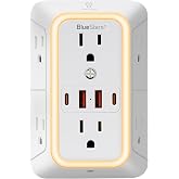 Wall Mount Power Strips Wall Charger 6 Outlet Extender 4 USB Ports (5V, 2.4A, 12W) and Night Light 3-Sided Power Strip with Adapter Spaced Outlets - Multi Plug Outlet Surge Protector, ETL Listed