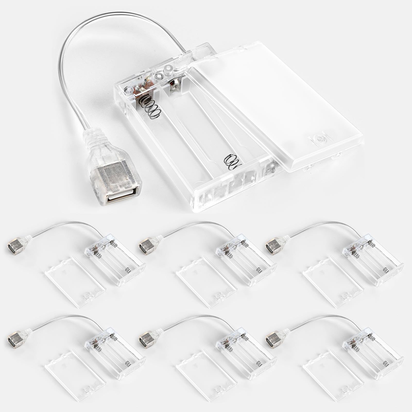 Photo 1 of Copkim 6 Pcs USB Battery Pack for LED Lights, USB to Battery Pack for Plug in Lights, 5V Portable 3 AA Holder Box with Switch for Neon Signs Indoor Outdoor Party Decor (Clear)