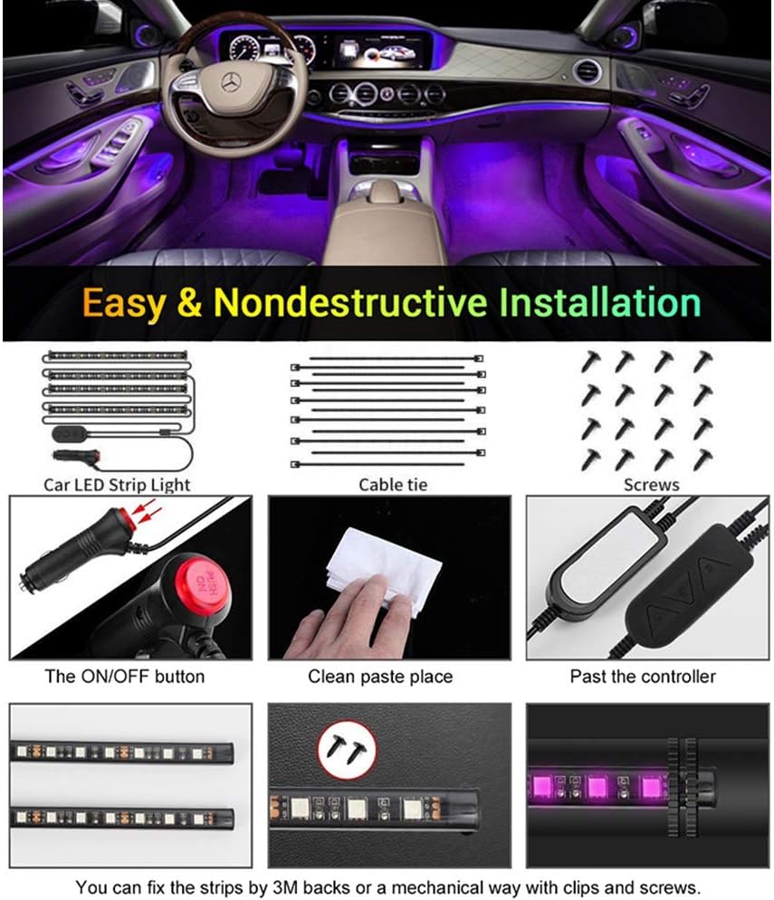 CT CAPETRONIX Interior Car Lights, Car led strip lights interior with APP and IR Remote, Upgrade 2-in-1 4pcs Waterproof RGB 48 LEDs Music Car LED Lights Under Dash Lighting Kit with Car Charger DC 12V: Automotive