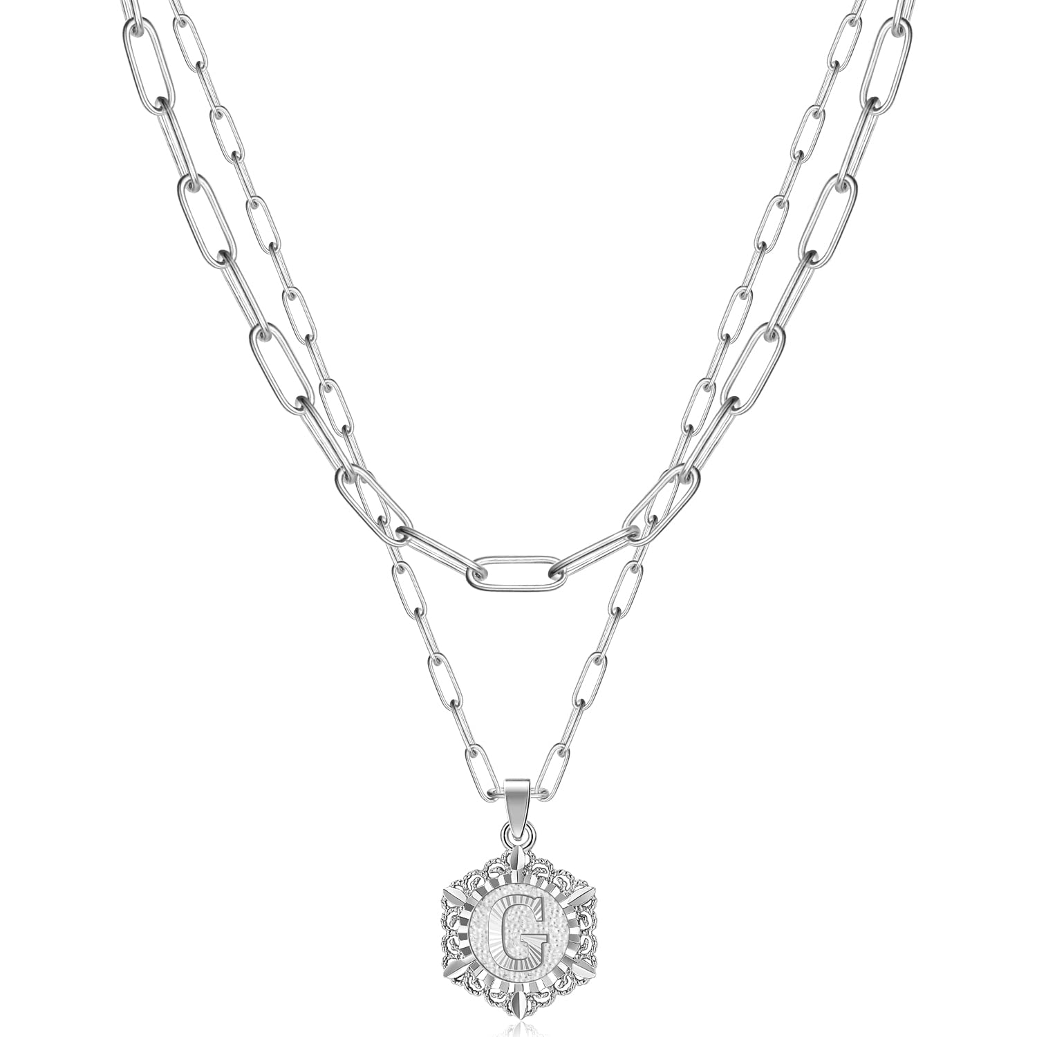 KissYan Initial Necklaces for Women, 14K Gold Plated Hexagon Letter Pendant Silver Chain Dainty Layered White Gold Paperclip Link Adjustable Capital A-Z Choker Necklace Trendy Jewelry Gifts