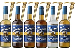 Jimoco Syrup Pump & Torani Syrup Bundle - Sugar Free Holiday Flavors, SF Pumpkin Pie, Brown Sugar Cinnamon, Peppermint, Vanilla Bean, French Vanilla, Caramel Classic - For Italian Soda Coffee, Lattes, Frappes With 6 Pump Dispensers