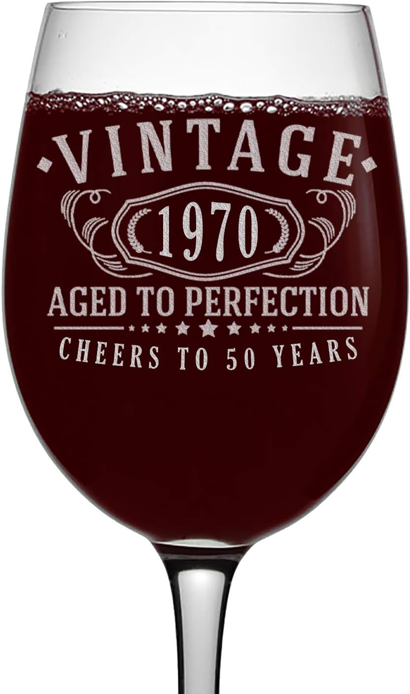 Vintage 1970 Etched 16oz Stemmed Wine Glass 50th Birthday Aged to