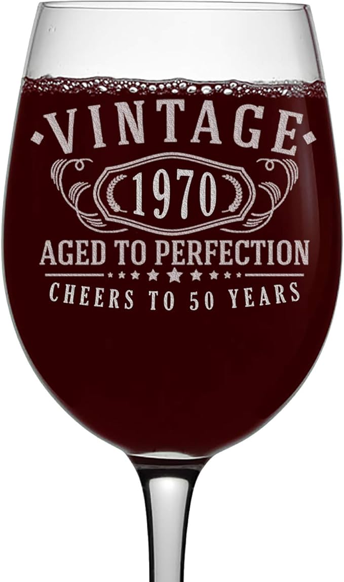 Vintage 1970 Etched 16oz Stemmed Wine Glass 50th Birthday Aged to