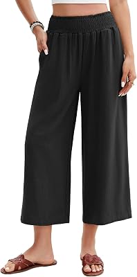 Pantalones Mujer de Lino Verano Algodón 3/4 Pantalón Anchos Cintura Alta Elástico Pantalón Casual Deporte Ligeros Pants Playa Cómodo Fluidos Pantalon con Bolsillos (Negro, S)
