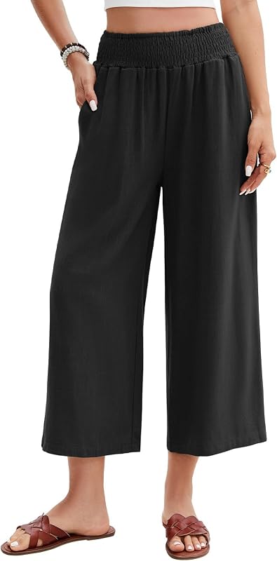Pantalon Lin Femme Été Coton Chanvre 3/4 Large Pantalons Fluide Elegant Chic Taille Haute Élastique Pantacourt Léger Respirant Jogging Pants de Plage avec Poches (Noir, S)