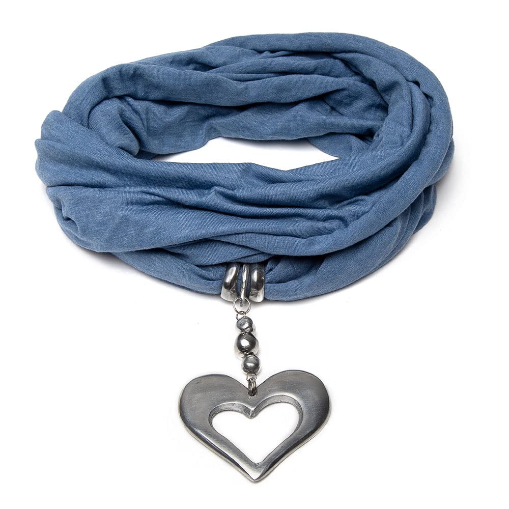 Vestopazzo Jewellery Scarf Jersey Fabric Bluette with Large Heart Pendant Handmade 100% Recycled Aluminium Nickel Tested AL18054 Large Aluminium No Gemstone, large, Aluminium, No Gemstone