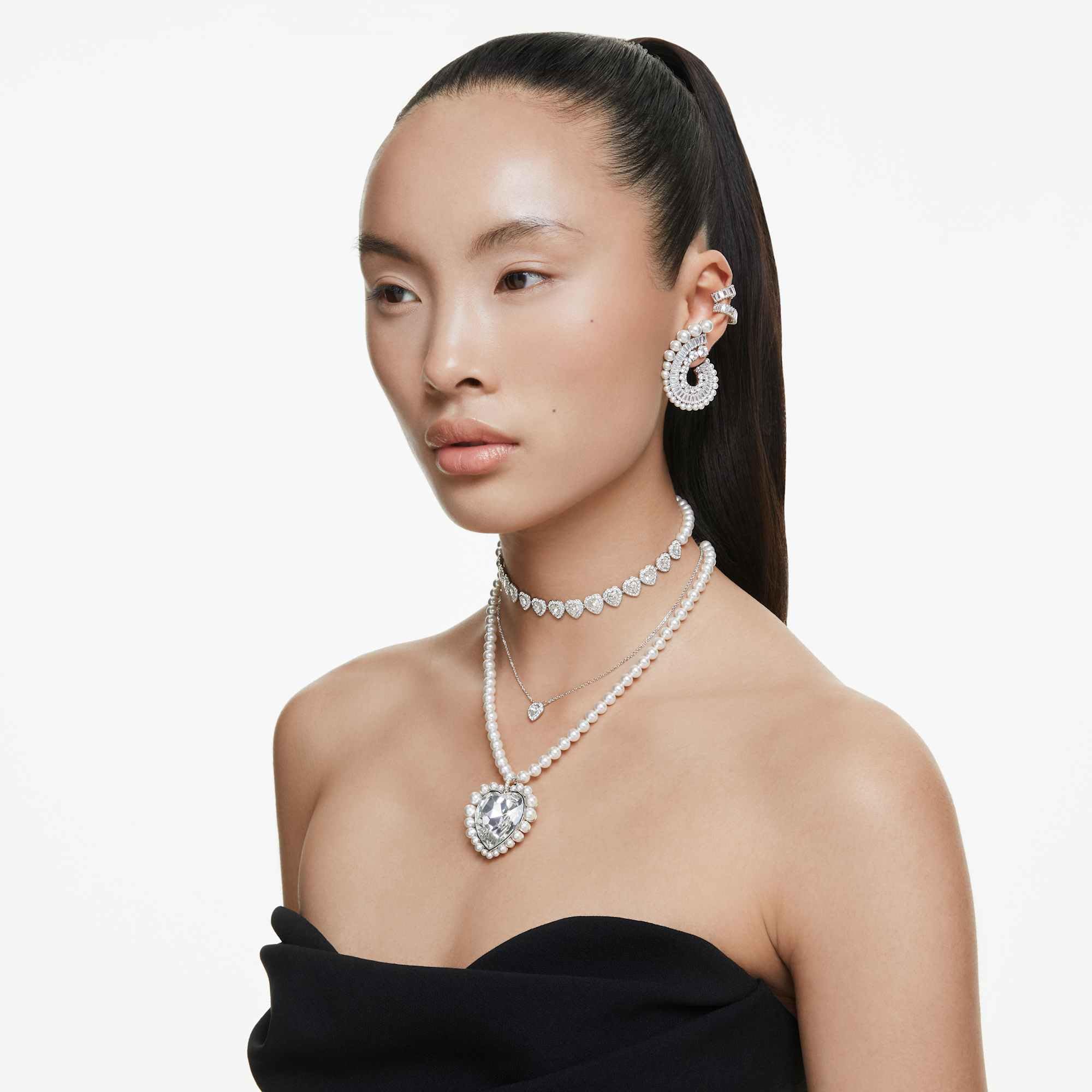 Swarovski Ariana Grande Crystal and Pearl Pierced Earrings Hoops in Rhodium Finish - Part of the Ariana Grande x Swarovski Capsule Collection