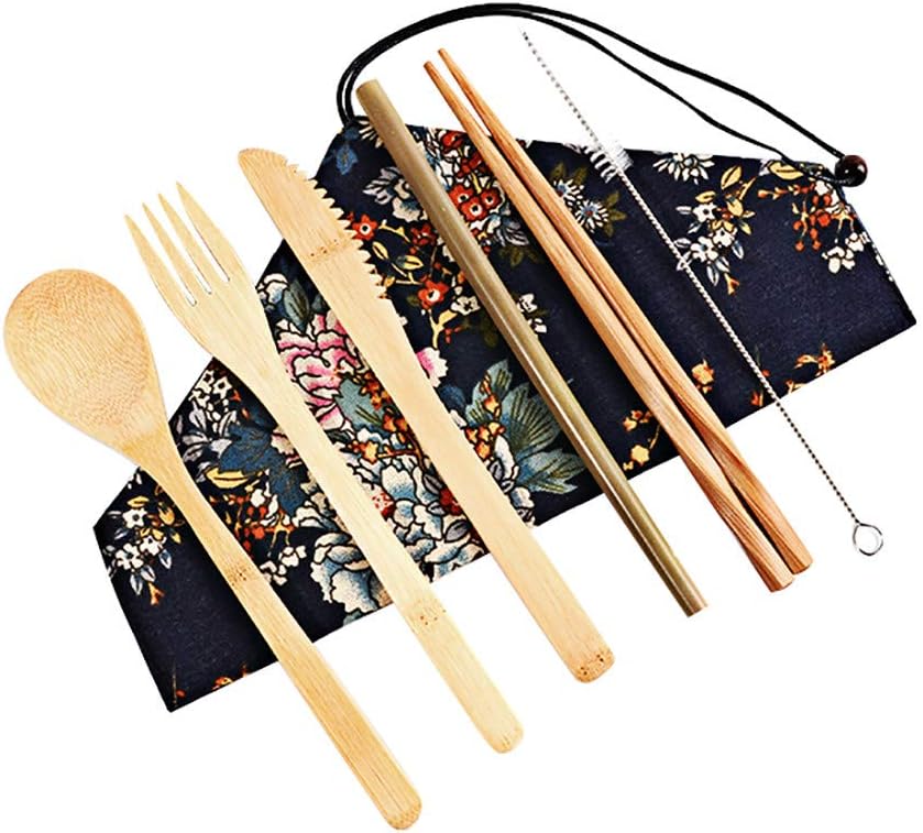 OKEYsoe Bamboo Cutlery Portable Travel Eco-friendly Fork Spoon Set Reusable Camping Flatware Set Fashion Utensils (B)