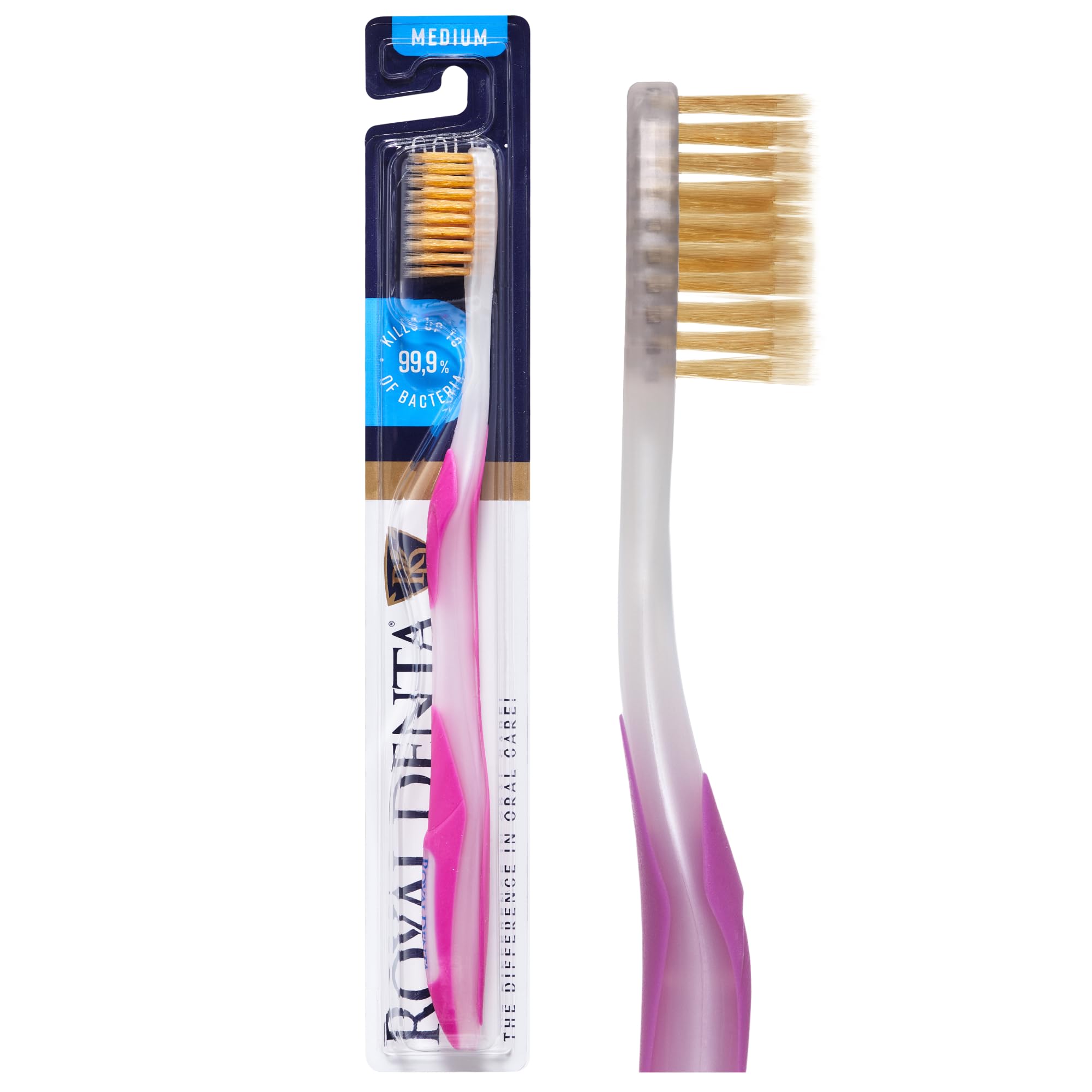 Royal Denta Manual Toothbrush for Adults, Medium Soft Toothbrush with Dual Length Gold Bristles, Interdental, Flossing Brush & Teeth Whitening, Ergonomic Grip Handle (Pink)