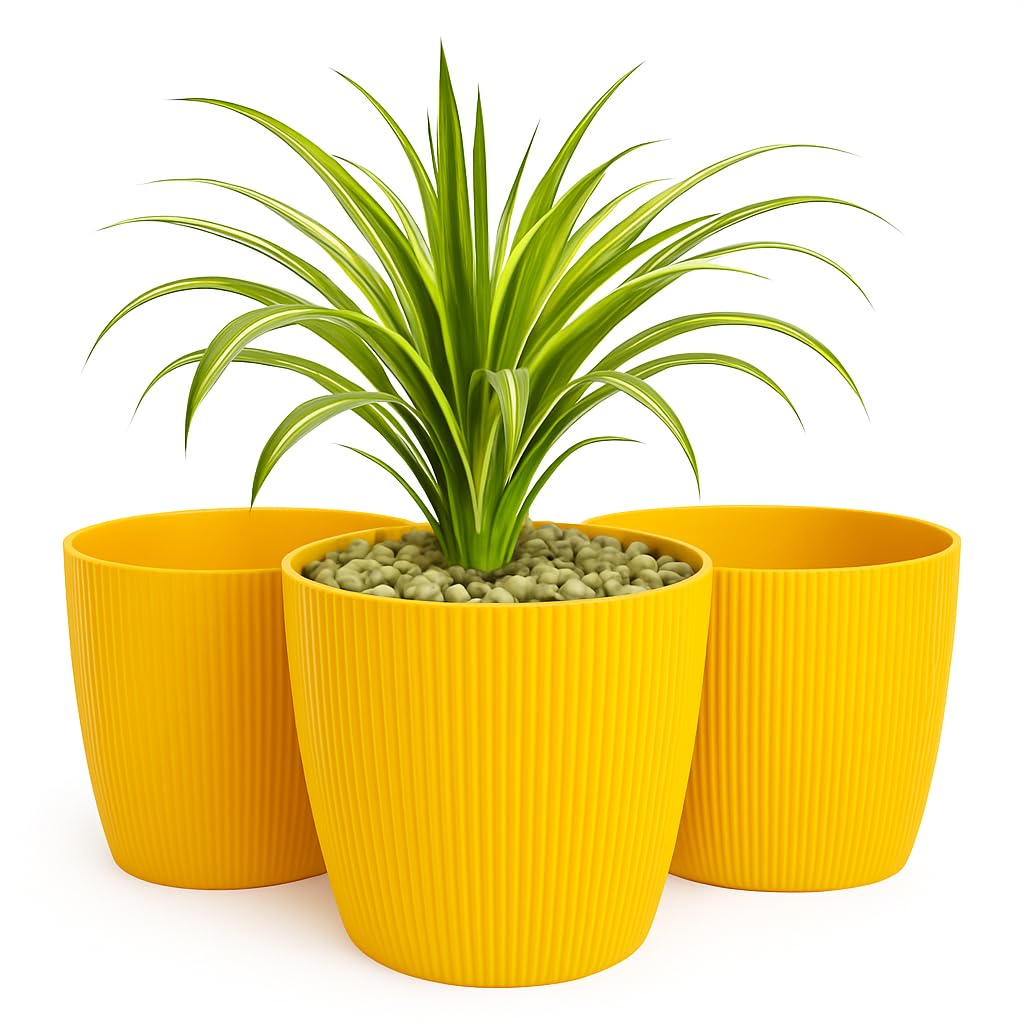 Home Garden Ornaments Plant Pots Indoor – Indoor Plant Pot for Home and Garden, Decorative Striped Set of 3 Flower Pots (Diameter 18cm, Mustard)