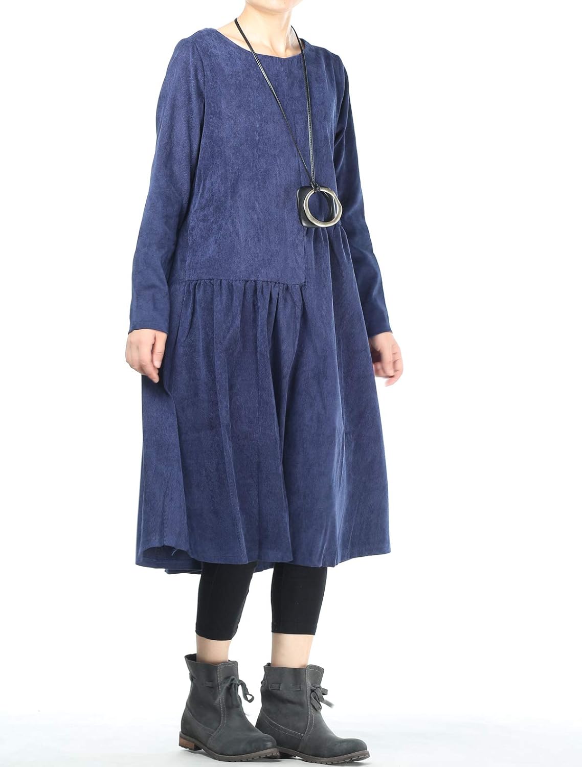 Mordenmiss Women’s Corduroy Pleated Dresses Swing Long Sleeve Dress with Pockets at  Women’s Clothing store