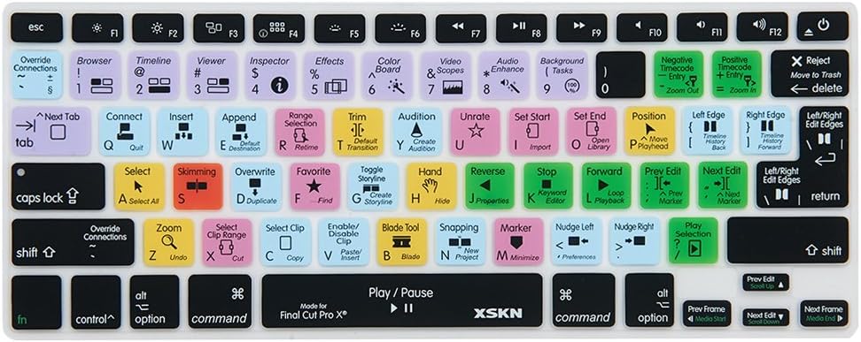 XSKN FCPX Shortcut Keyboard Skin, Final Cut Pro X 10 Silicone Keyboard Cover for MacBook Air 13, MacBook Pro 13 15 17, Retina (US & European ISO Keyboard)