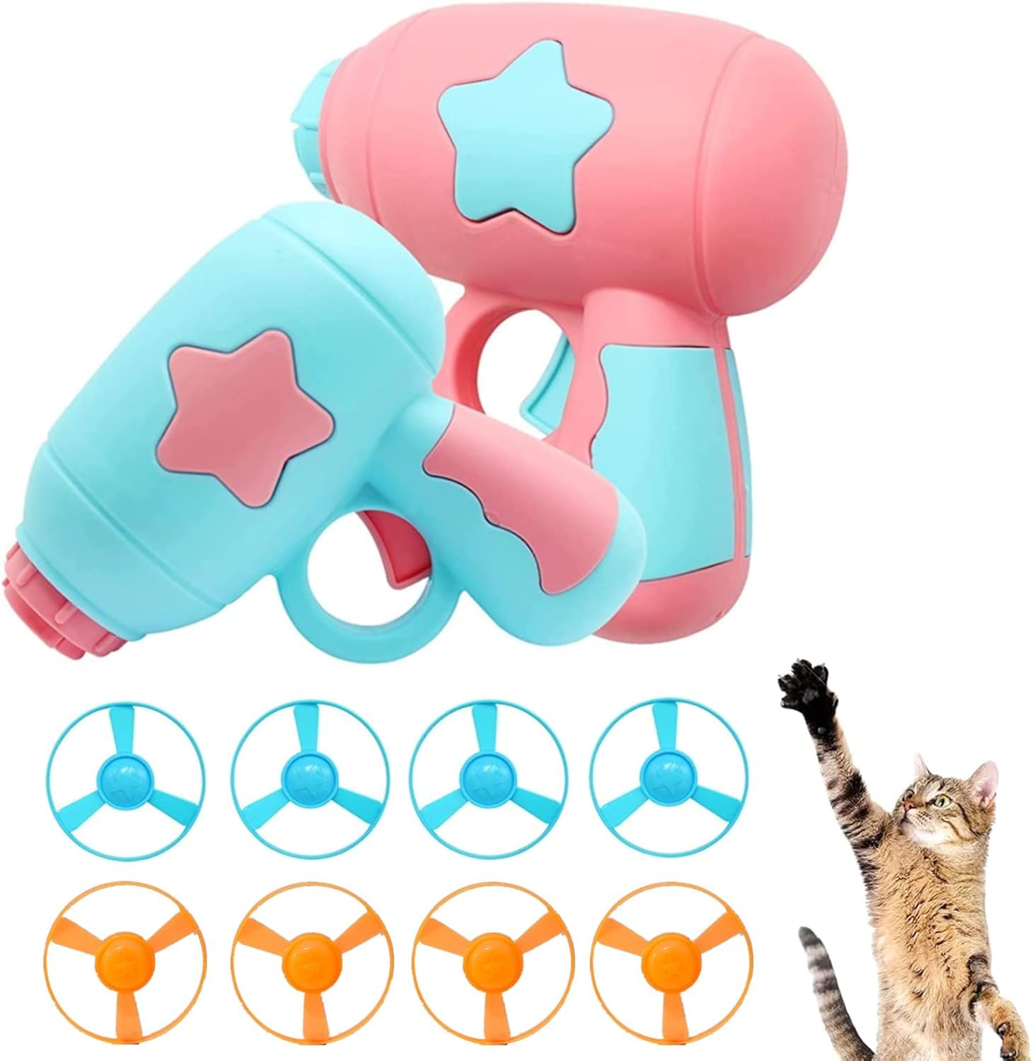 WVRLY Colourful Cat Fetch Toys Chasing Flying Propeller Funny Toys with 2 Shooter and 8 Discs for Interaction, Exercise, Training, Hunting, Chasing (2 Shooter and 8 Discs)
