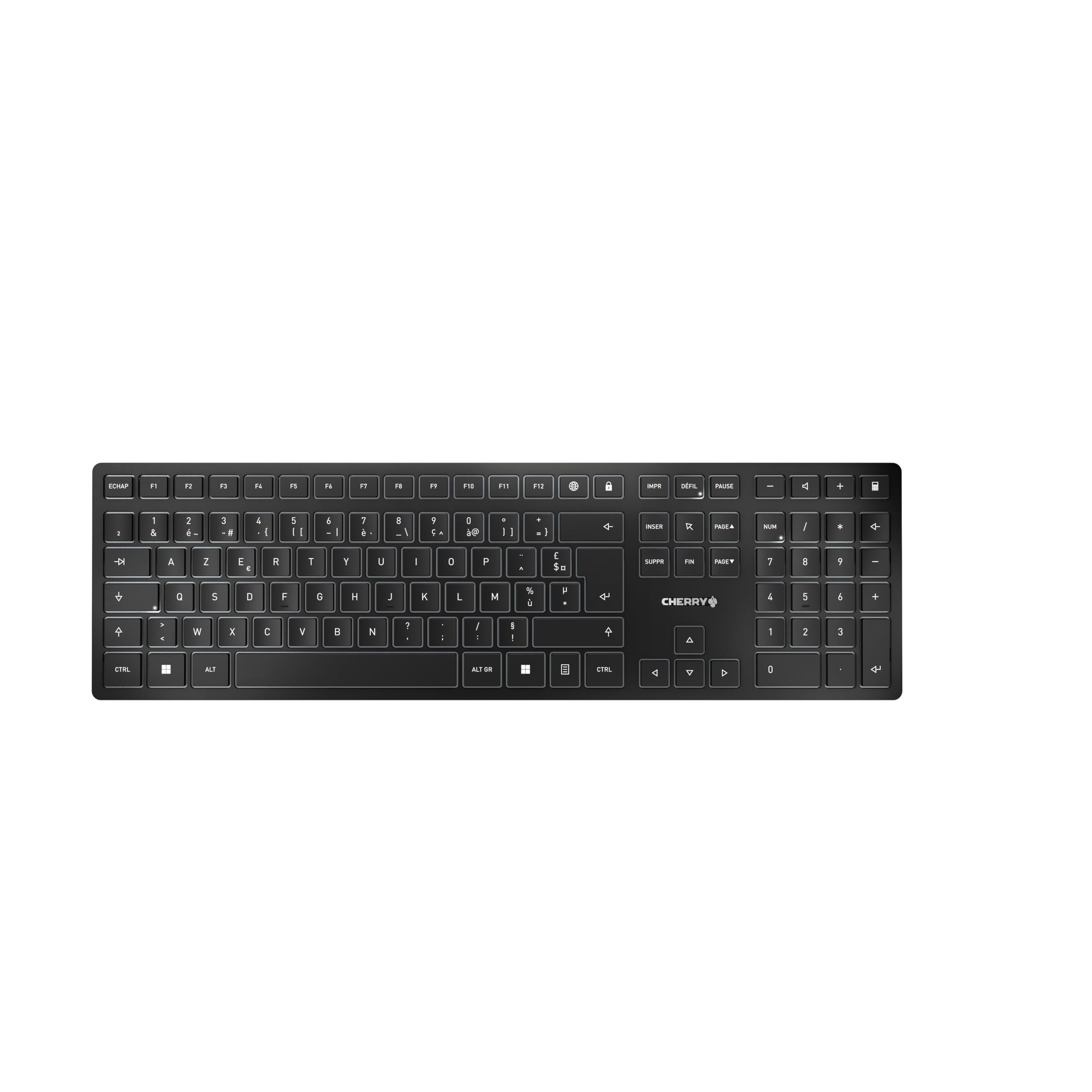 CHERRY KW 9100 SLIM, Wireless Design Keyboard, French Layout (AZERTY), Choice of Bluetooth or 2.4 GHz RF, Flat Keys, Chargeable, Black-Grey