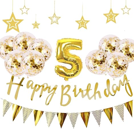 Amazon 5歳 誕生日 飾り付け 21点 セット Gehome ゴールド バースデー バルーン 飾り 男の子と女の子用 1歳 9歳 風船 バルーン おもちゃ