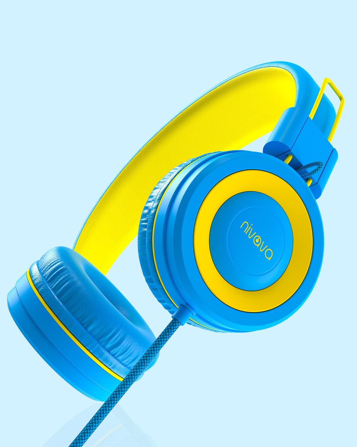 NIVAVA Kids Headphones, K8 Wired Headphones for Kids with Adjustable Headband, 3.5 MM Jack for School, Foldable On-Ear Headset for Girls Boys Kindle Tablet Cellphones Airplane Travel(Blue Yellow)