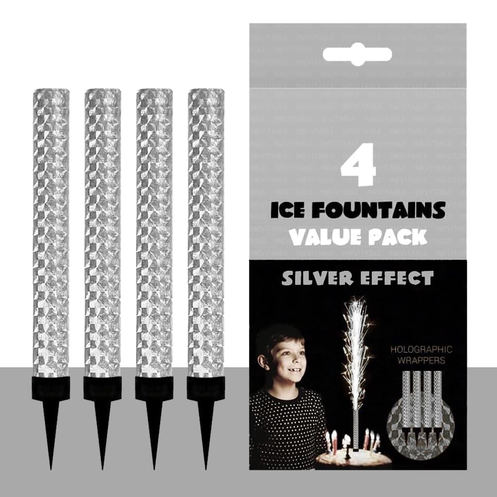 CRYSTAL25 Pack of 4 Ice Fountains Birthday Candles - Gold & Silver Birthday Candles for Cakes, Candles for Cake Decorations - Elegant Cake Toppers (Silver)