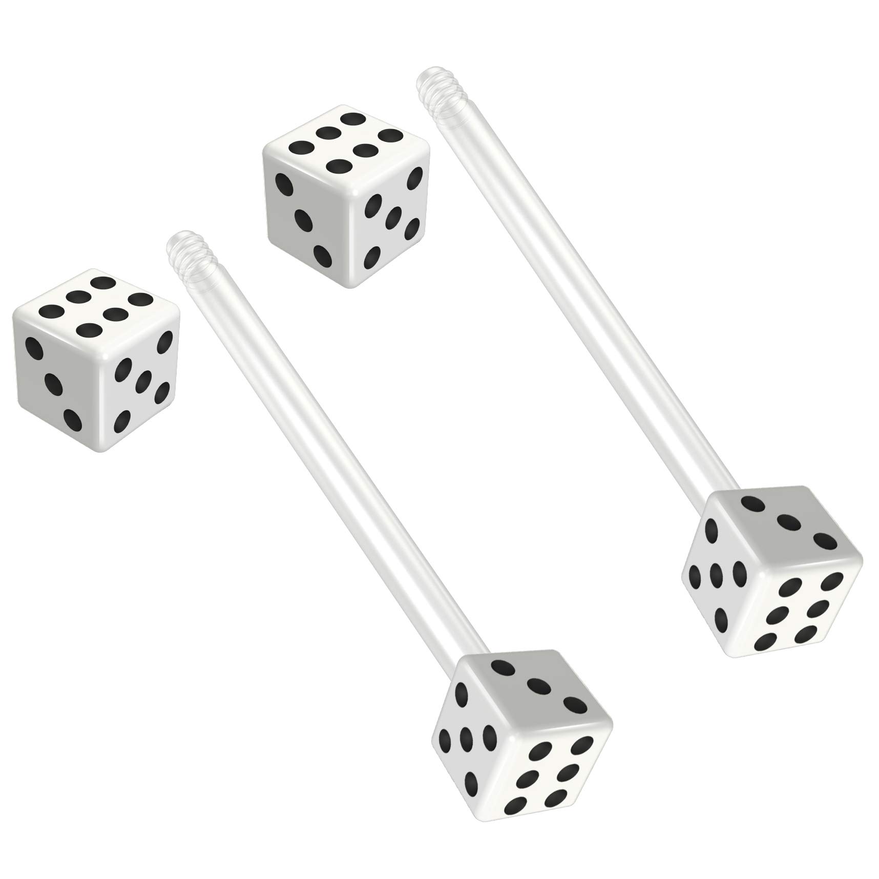 Evonix 2pc 16mm 1.6mm Flexible Tongue Bar Rings Bioflex 19mm 3/4 Bioplast Barbell Ring White Acrylic Dice