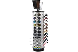 MONIPA Rotating Sunglass Display Rack for Store, 44 Pairs Glass Holder, Freestanding W/ Mirror Eyeglasses Stand, Commercial Eyewear Organizer (Round)