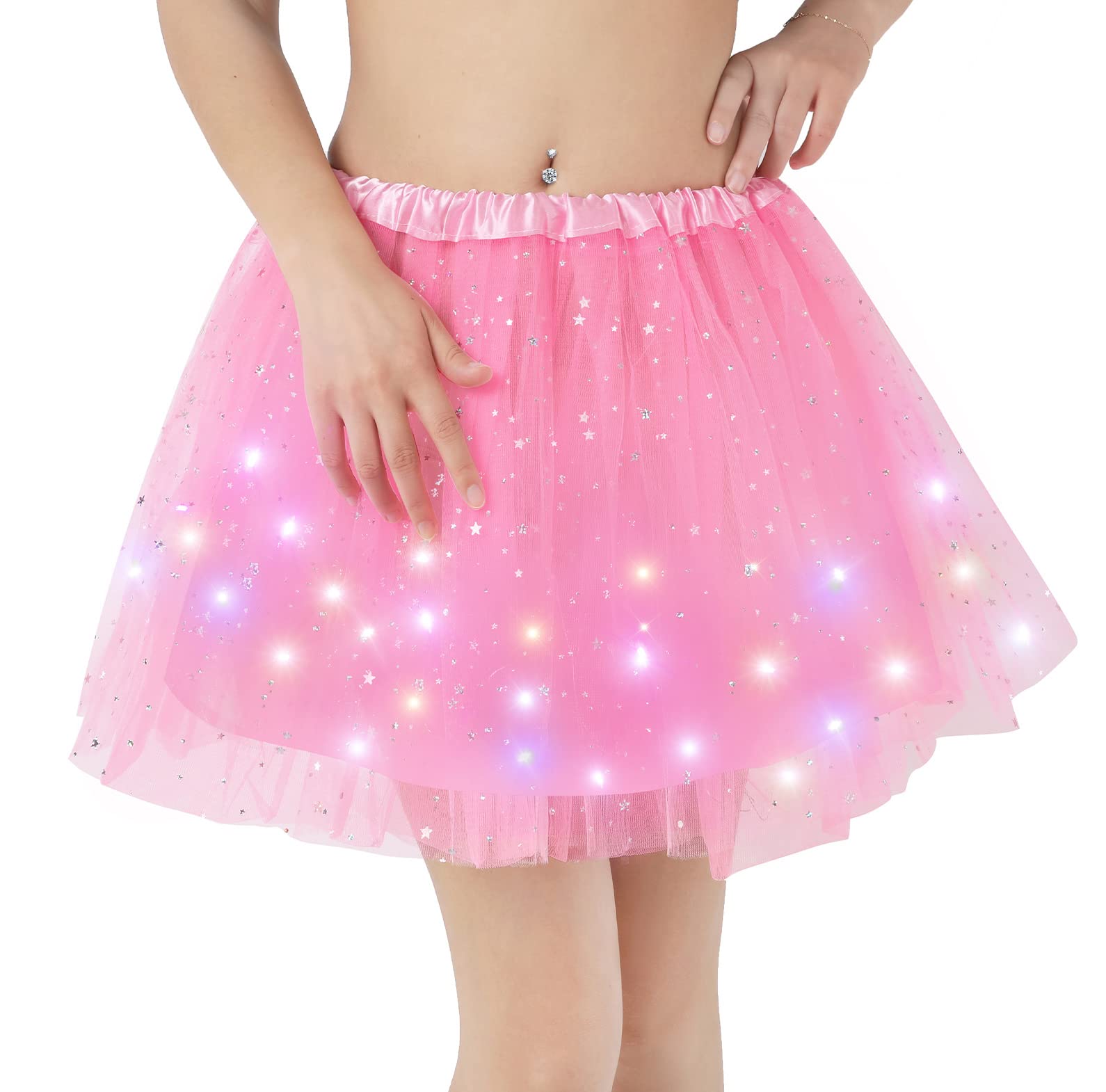 Kefiyis Tutu Skirts for Women LED Light Up Tutu Adult Teen Skirt Ballet Dance Parties Fancy Dress Halloween Costume Pink(with Lining)