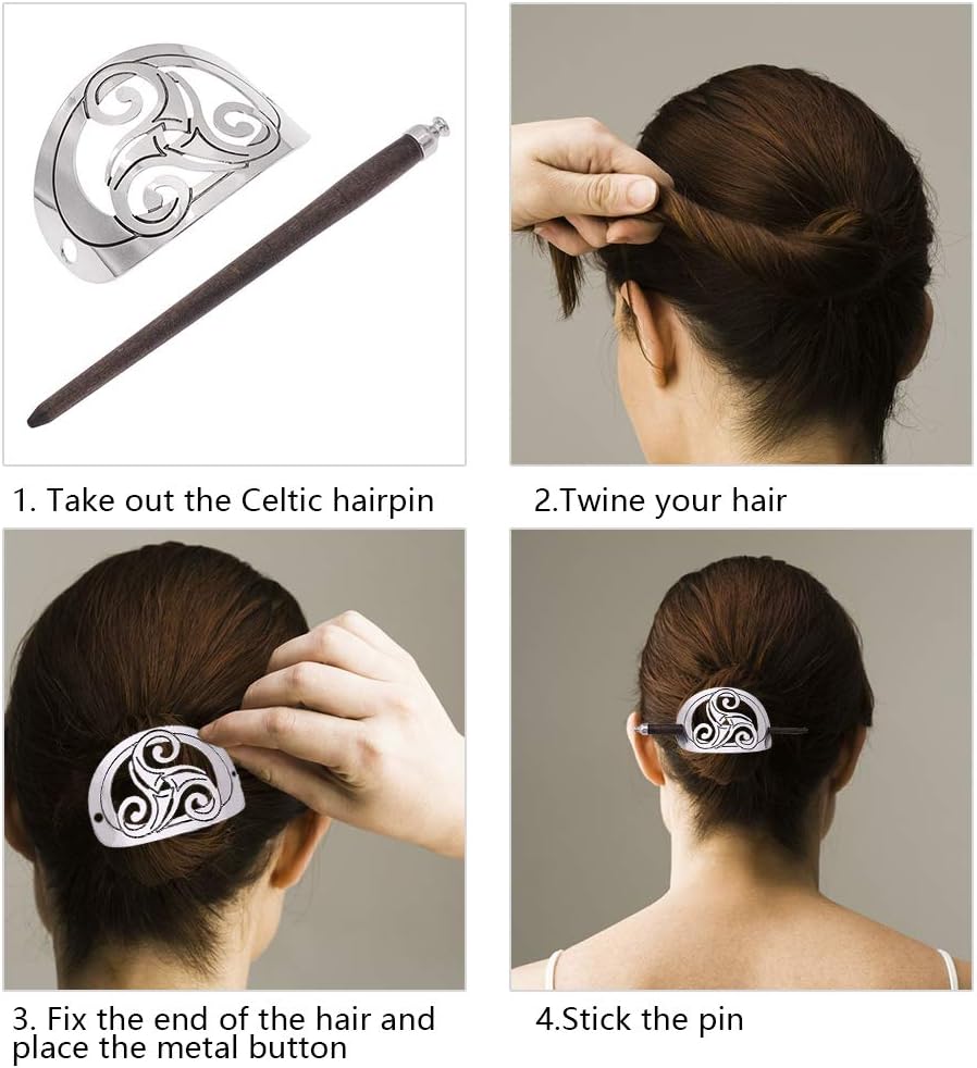 Celtic Hair Clip for Women Vintage Nordic Viking Knot Hair Barrettes Slide Pins with Wooden Stick for Girl Long Hair 2Pcs (5.51 * 1.96 * 1.18in) - Image 5