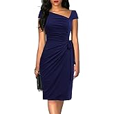 Women's Vintage Cap Sleeves Asymmetrical Neckline Sheath Bodycon Casual Work Cocktail Party Pencil Faux Wrap Dresses