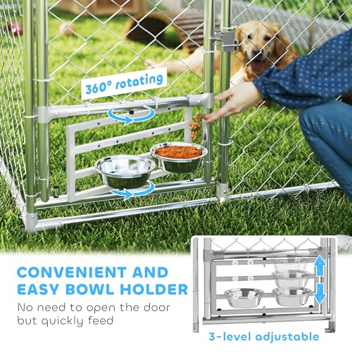 PawHut Outdoor Dog Kennel with Roof, Heavy Duty Dog Run Outdoor Fence Cage with Adjustable & Rotating Bowls, Water-Resistant UV-Resistant Cover, Secure Lock, 19.7' x 7.5' x 7.5'
