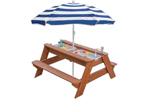 K LUCKIDS Kids 3-in-1 Sand & Water Activity Table, Wood Outdoor Convertible Picnic Table, 2 Play Boxes, Removable Top with Faucet, Picnic for Outdoor Backyard Patio Play (Brown/Navy)